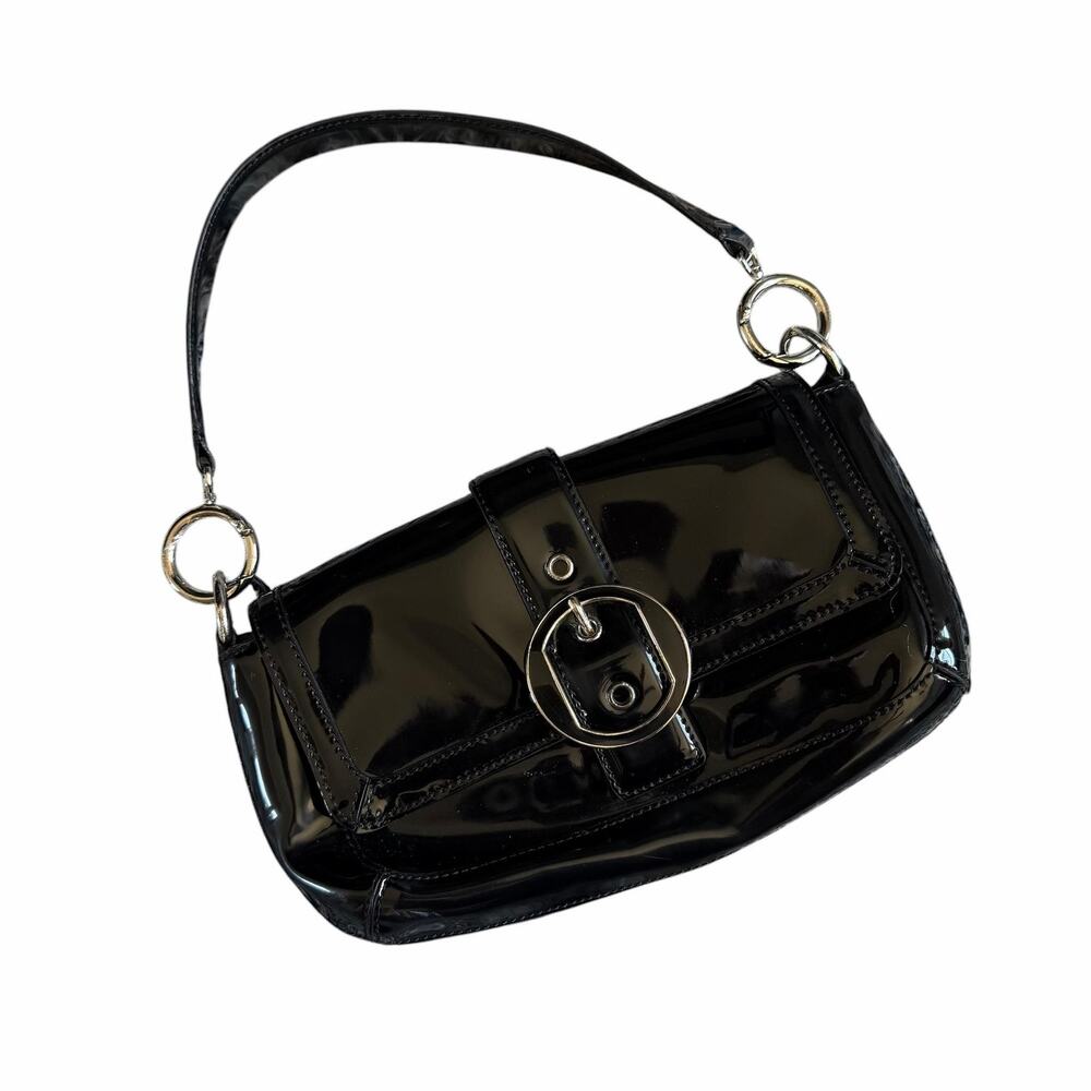Ann Taylor Shoulder Bag Womens Small Black Faux Leather Patent Buckle Accent